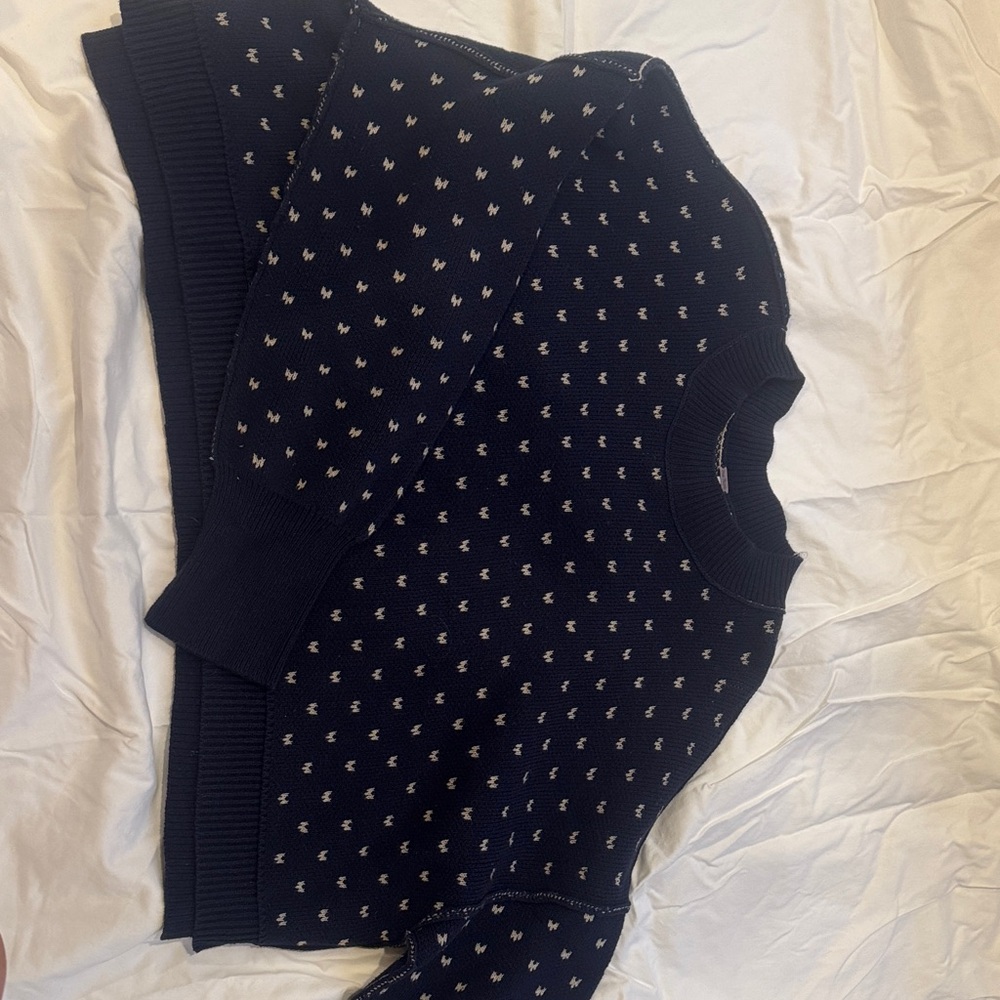 Free People Dark Blue Knit Sweater with Cream Accents